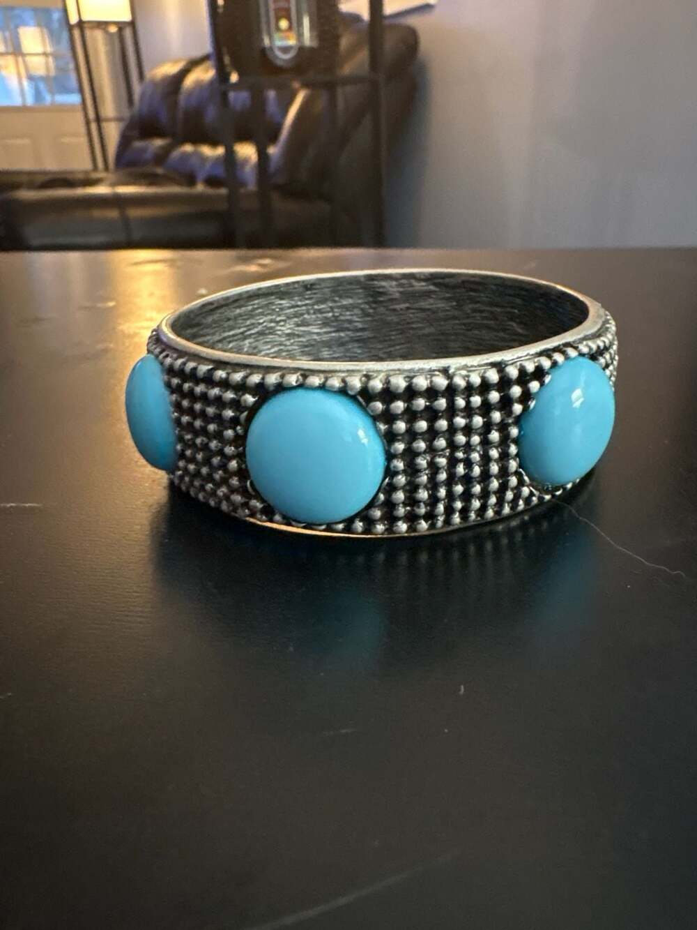 Desert Myth Blue Turquoise Silver Bead Bangle Bracelet